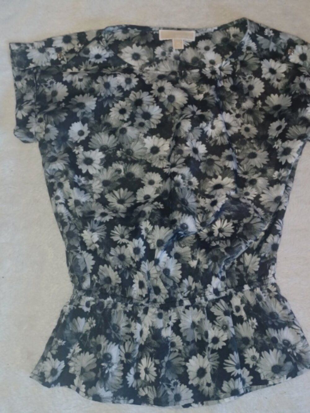 Michael Kors Womens Top Size XS Black White Floral Pattern Cinched Waist Elastic